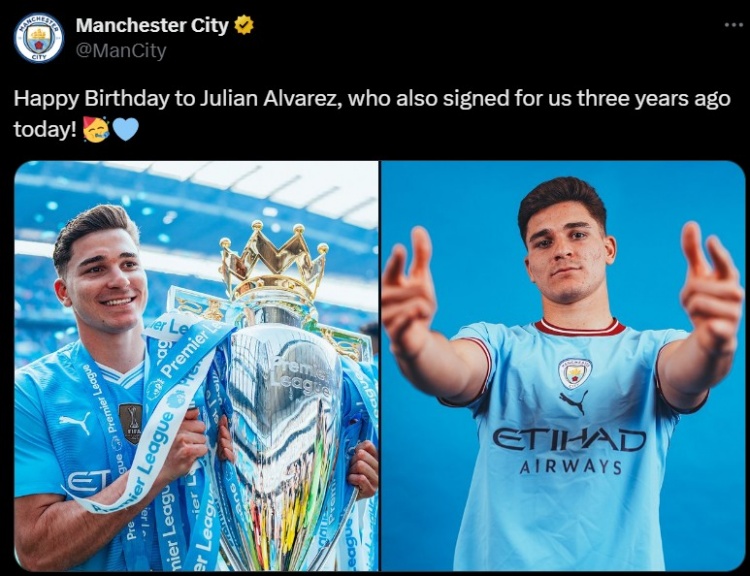  加盟兩個(gè)賽季奪7冠，曼城官方祝阿爾瓦雷斯25歲生日快樂(lè )