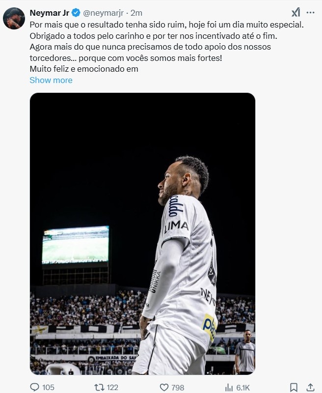  內馬爾社媒：我很高興也很興奮能回歸桑托斯，我會(huì )盡我最大努力