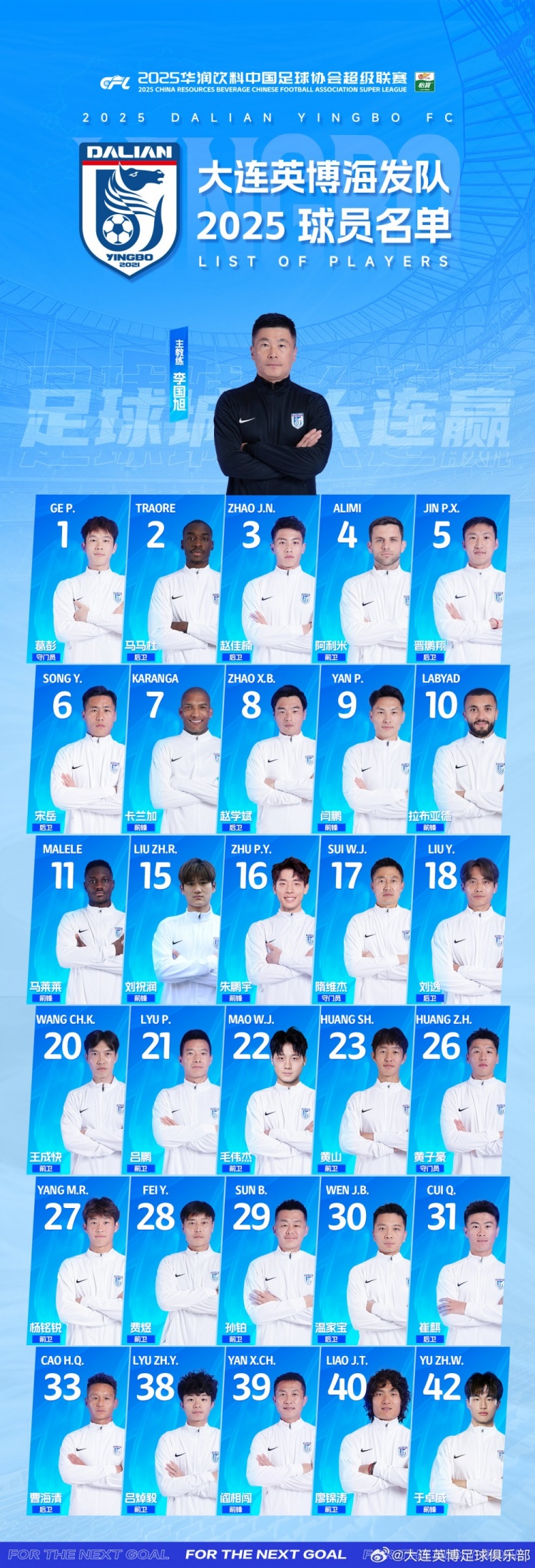  大連英博一線(xiàn)隊名單：10號拉布亞德領(lǐng)銜五外援，共30名球員入選