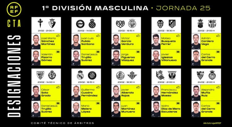  西甲第25輪裁判安排：維加執法巴薩客戰拉帕，費爾南德斯主裁皇馬