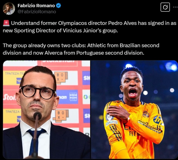  羅馬諾：佩德羅-阿爾維斯與維尼修斯團隊簽約，出任體育總監