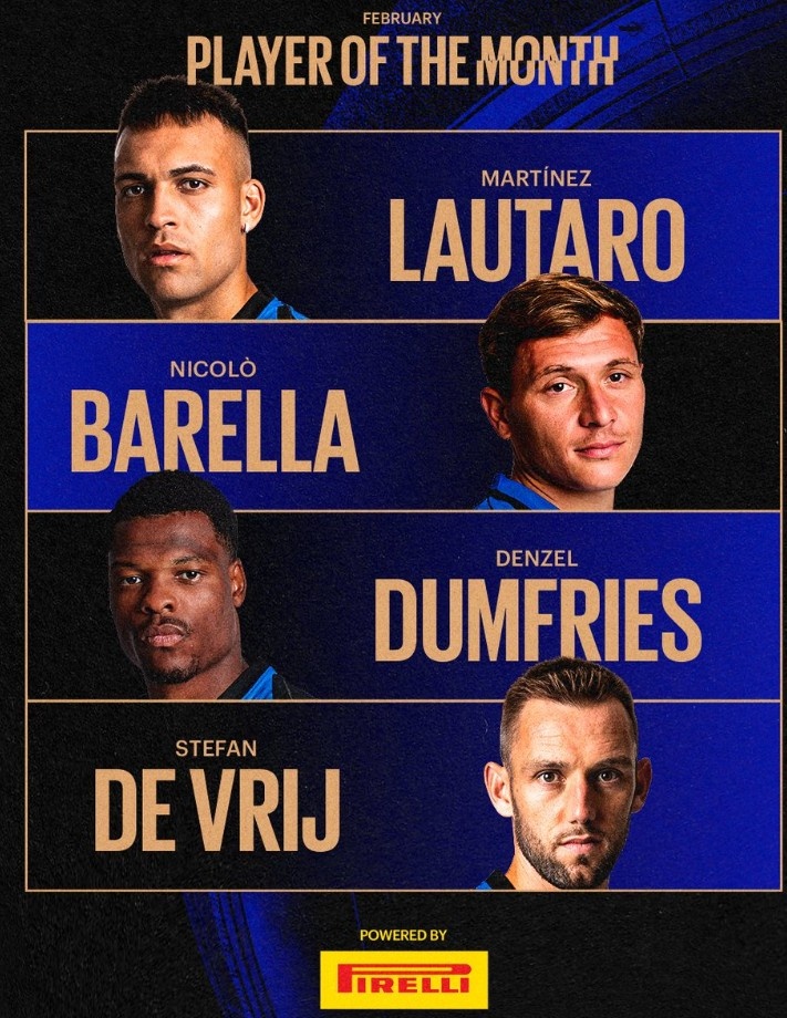  國米官方評二月隊內最佳候選：勞塔羅、巴雷拉、鄧弗里斯、德弗里