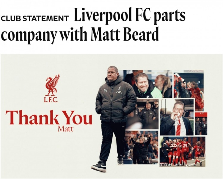  官方：利物浦女足主帥馬特-比爾德離任，懷特利擔任臨時(shí)教練