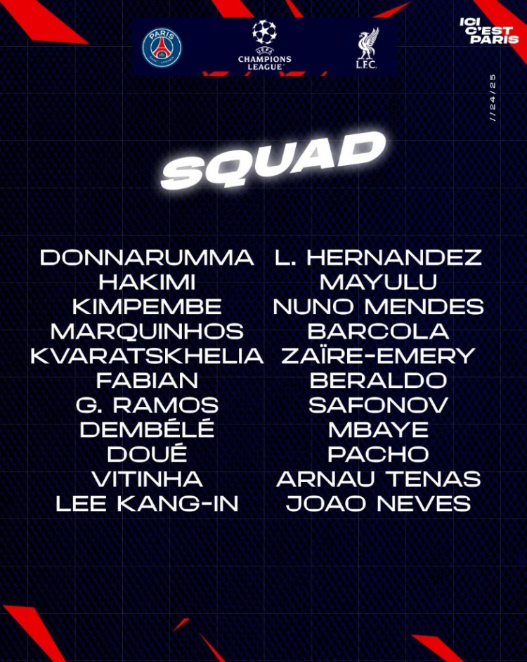  巴黎對陣利物浦大名單：登貝萊領(lǐng)銜鋒線(xiàn)，馬爾基尼奧斯坐鎮后防